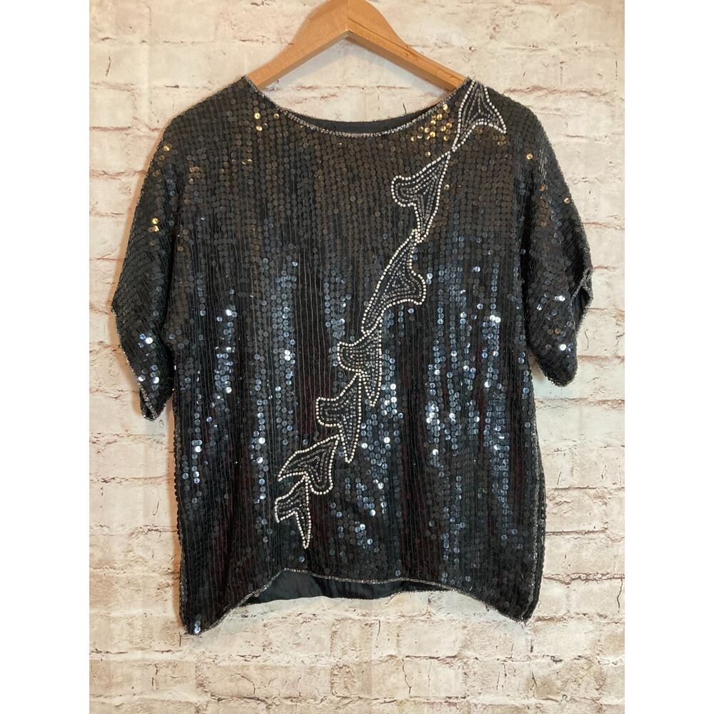 Vintage Jean for Joseph Le Bon Silk Top Womens‎ Small Black All Over Beading
